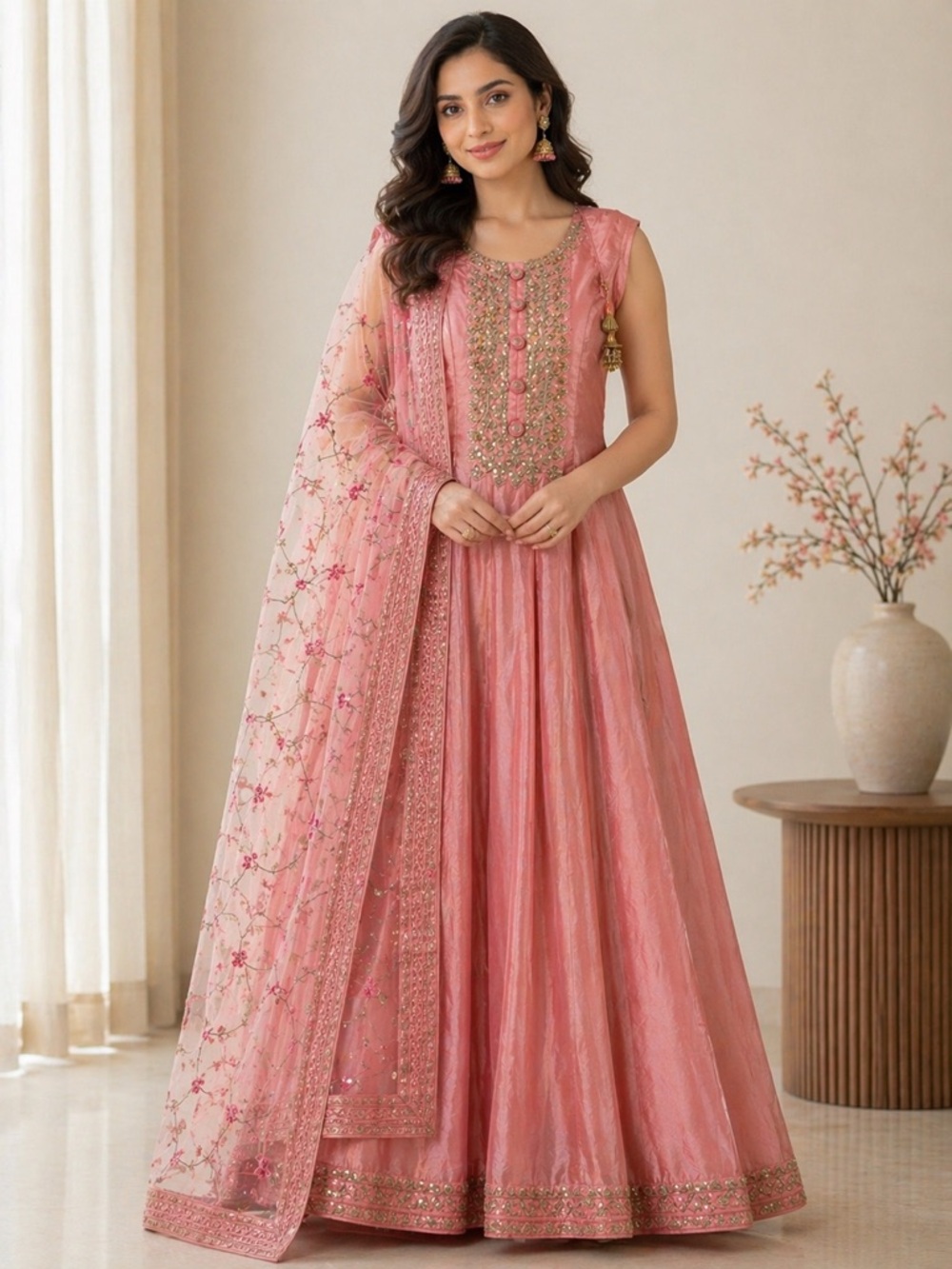 Tussar Silk 2-piece Floor Length Party Wear Set | Heavy Embroidered Duppatta